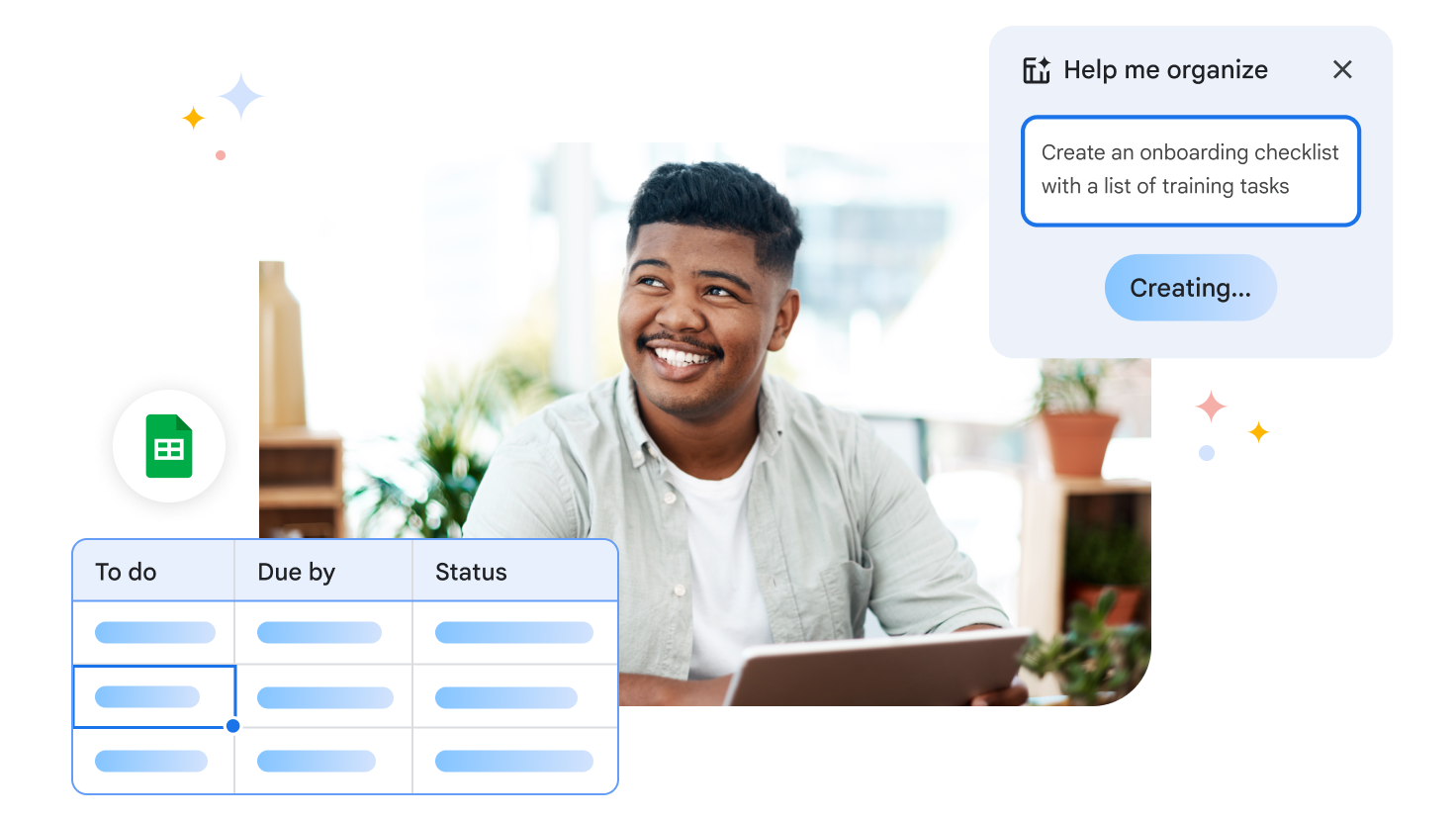 Gemini creates an onboarding checklist with 'help me organise', shown with a man at a laptop