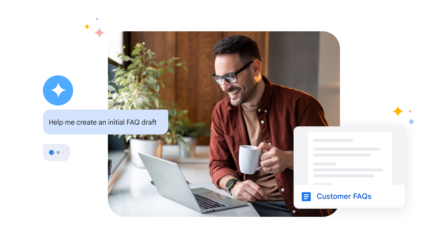 Gemini creates a draft of FAQs, shown with man at laptop